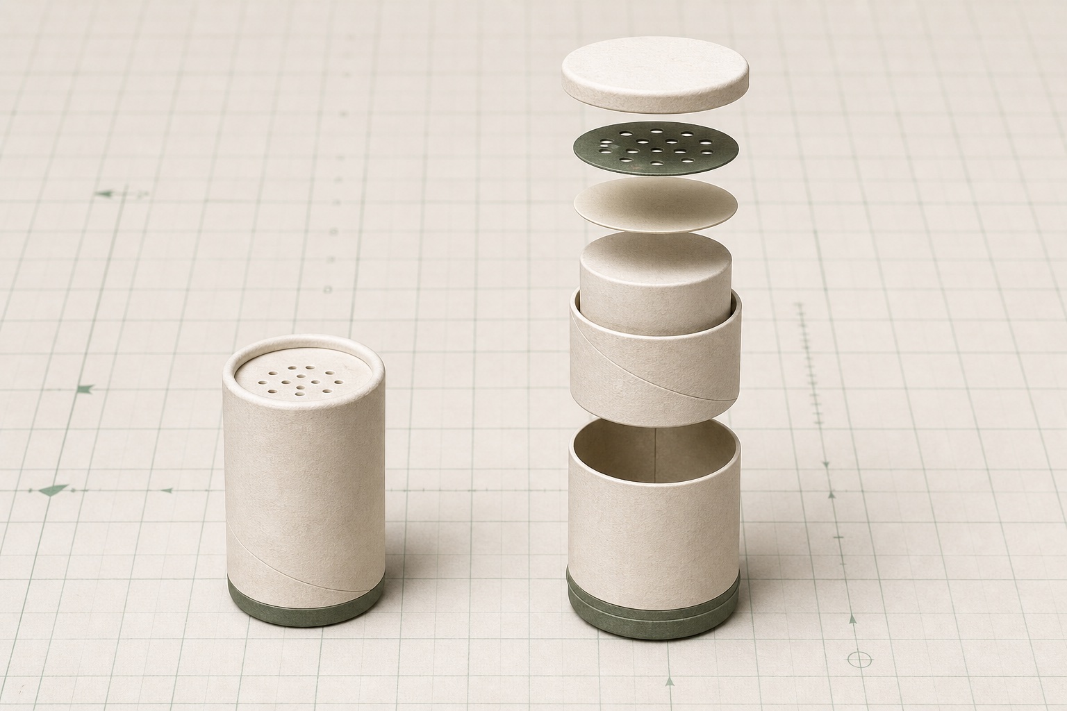 Concept visualization of a nested split seasoning paper can