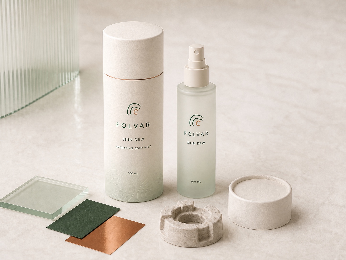 Folvar Skin Dew 100 mL body mist bottle, slim paper can, lid, support and finish references