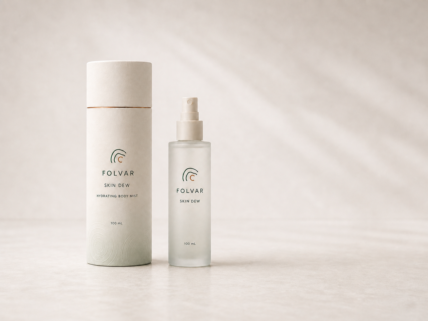 Complete Folvar Skin Dew nested two-piece paper can and 100 mL mist bottle in a restrained protection-led direction