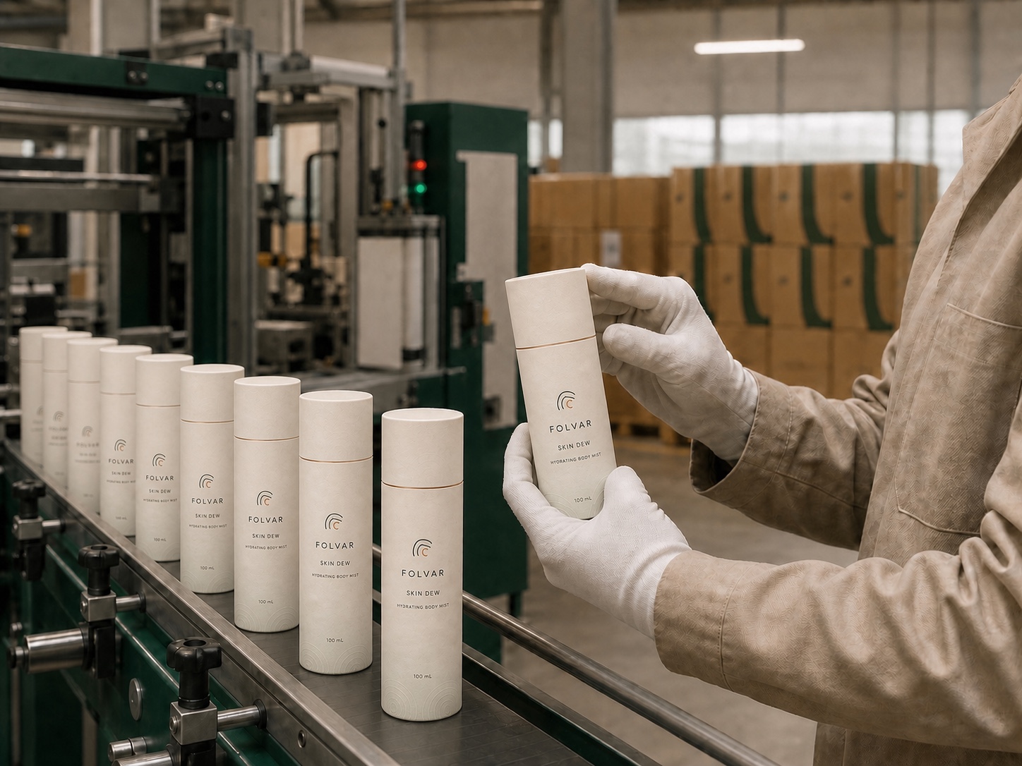 Slim Folvar Skin Dew cosmetic paper cans being inspected on an orderly production line